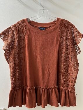 Daytrip Rust Crochet Ruffle Sleeve Top